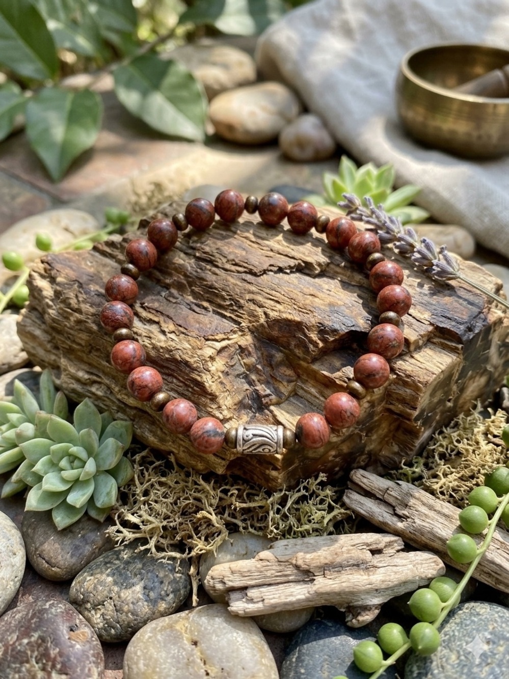 Natural Red Sesame Jasper Beaded Bracelet 8mm Boho Unisex Stackable
